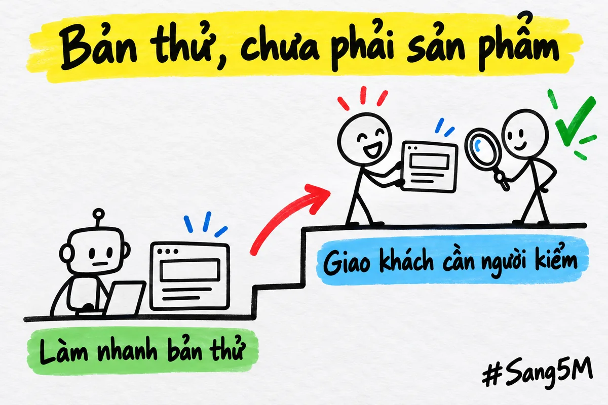 Hai bậc: bản thử làm nhanh bằng AI, còn sản phẩm giao khách phải có người kiểm trước.