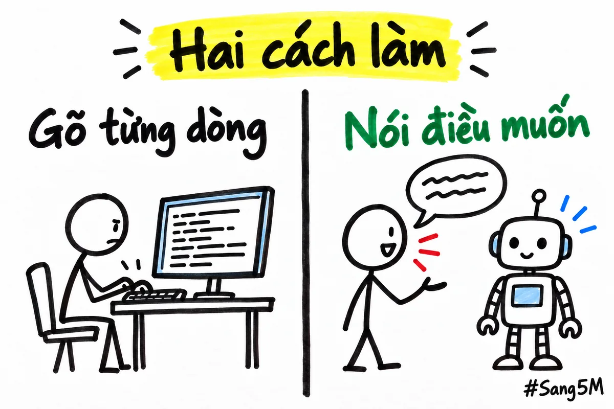 Hai cột so sánh: một người gõ từng dòng cho máy, một người chỉ nói điều muốn bằng lời thường.