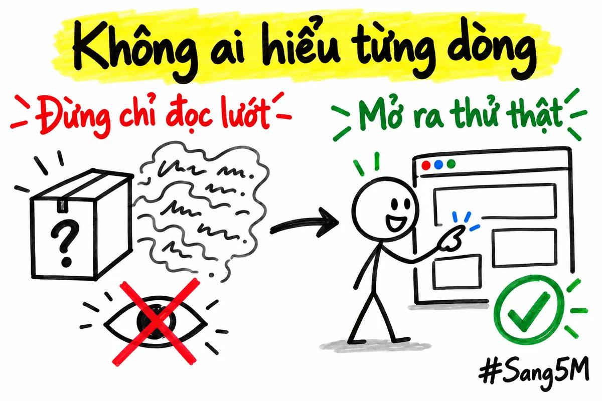 Chiếc hộp kín chứa mã mà không ai đọc hết, bên cạnh là người đang mở trang ra thử thật.