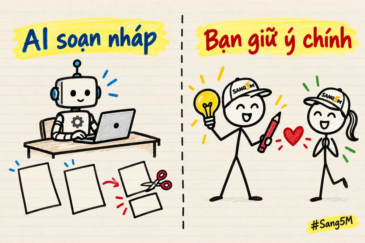 Hai cột chia việc khi viết content bằng AI: trợ lý AI soạn và rút gọn bản nháp, người bán giữ ý chính và ý tưởng của mình.
