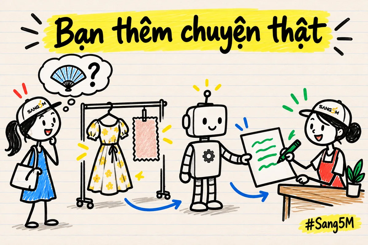 Cửa hàng thời trang: robot viết nháp mô tả chiếc váy, chủ cửa hàng tự thêm điều khách hay hỏi về chất vải.
