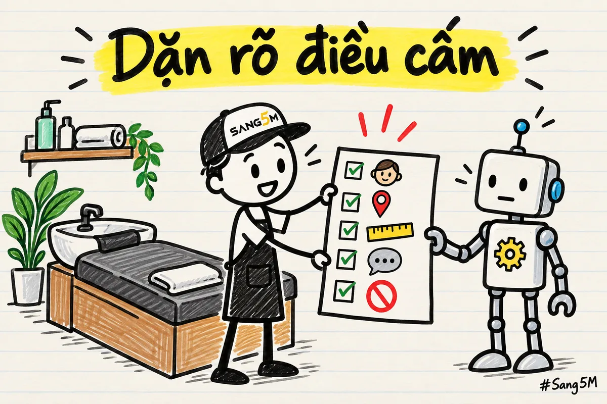 Chủ tiệm spa gội đầu dưỡng sinh đưa robot tờ lời giao việc năm ô, ô cuối là dấu cấm màu đỏ.