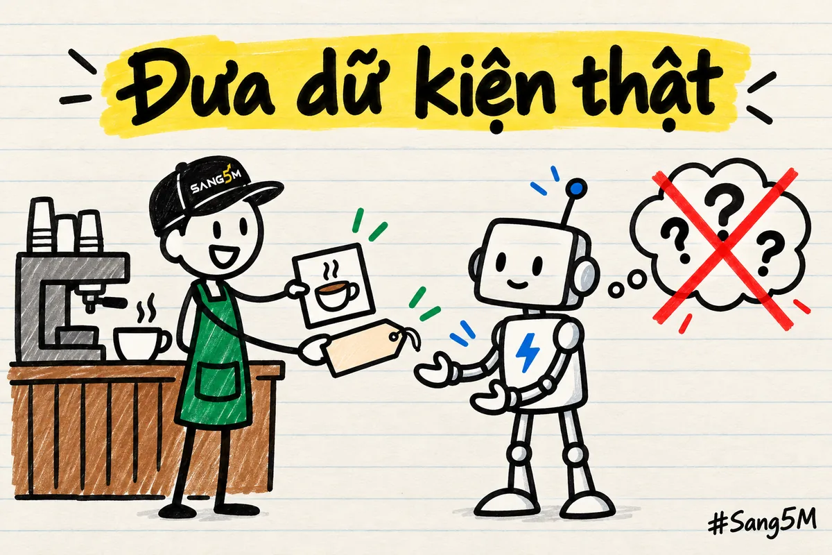 Chủ quán cà phê đưa công thức và giá thật cho robot, gạch bỏ đám mây dấu hỏi trước khi AI viết bài món mới.