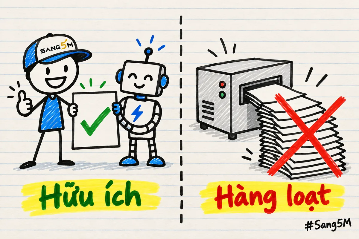 Hai cột so sánh: một bài viết kỹ có dấu tích xanh, bên kia máy in ra hàng loạt trang na ná nhau bị gạch đỏ.
