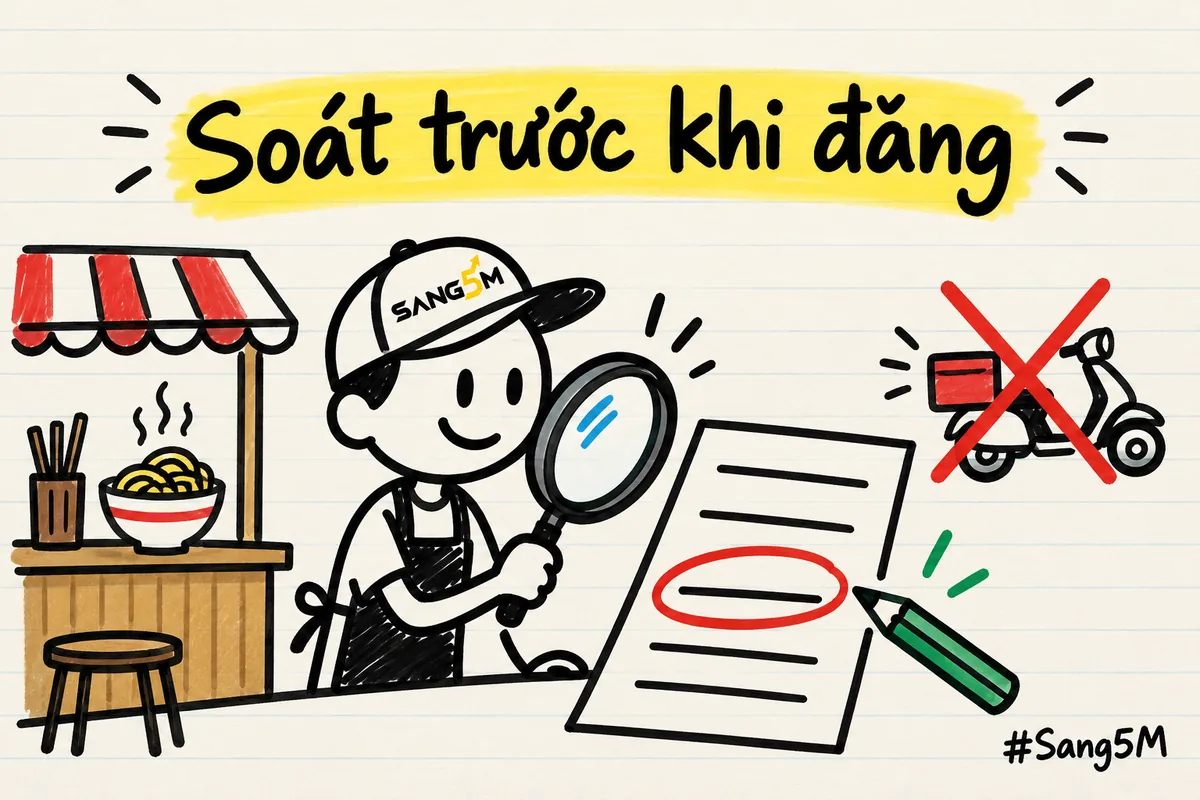 Chủ quán ăn dùng kính lúp soát bản nháp khai trương, khoanh đỏ dòng hứa giao hàng mà quán không có.