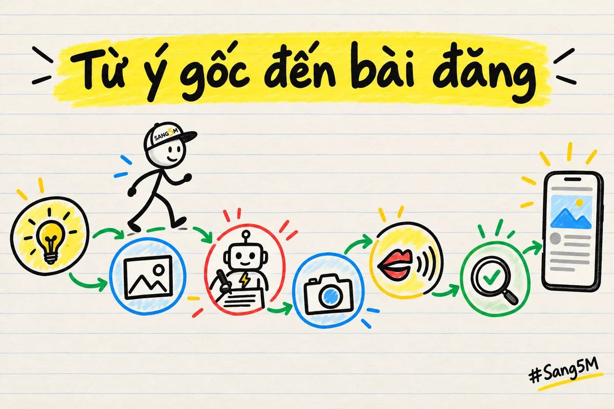 Con đường sáu chặng từ ý gốc, khung bài, bản nháp, chuyện thật, đọc to tới soát lỗi rồi mới đăng.