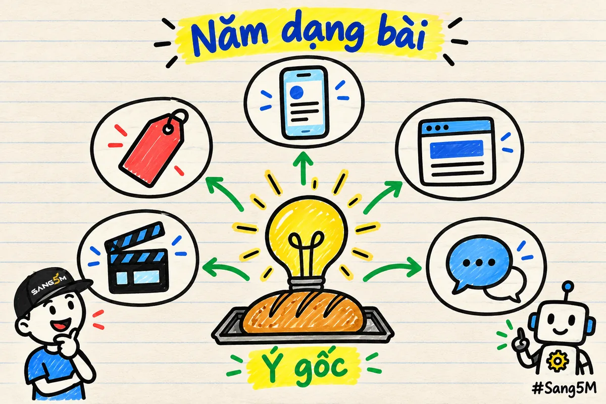 Một ý gốc về mẻ bánh mì nguyên cám tỏa ra năm dạng bài: mô tả, bài đăng, trang web, video ngắn, tin nhắn.