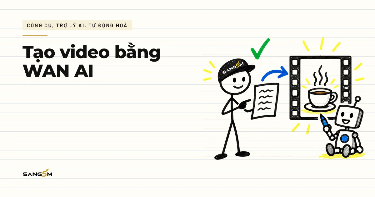 Người đội nón SANG5M cầm tờ giấy lời tả cảnh, khung phim có ly cà phê bốc khói, robot nhỏ vẽ cảnh bên cạnh