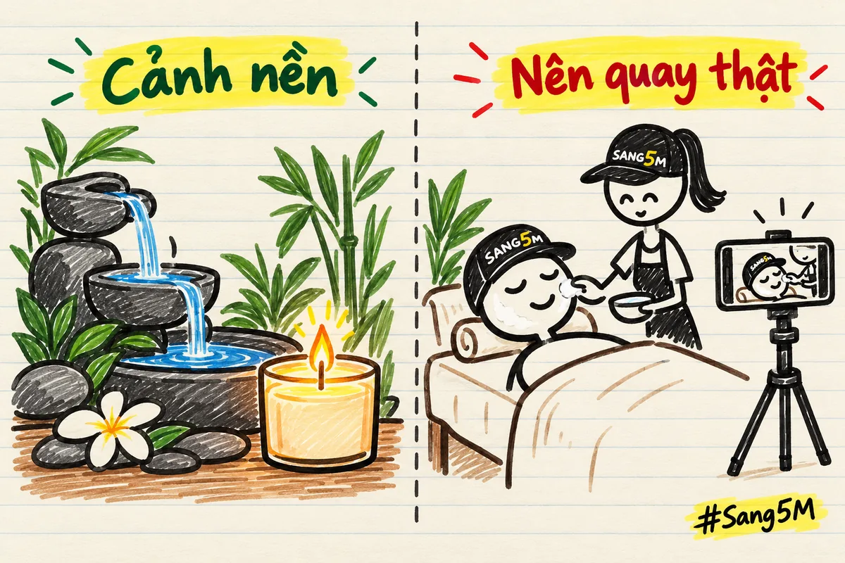 Hai cột giấy vẽ tay: bên trái nến thơm và nước chảy, bên phải tay chăm da cho khách có máy quay đặt cạnh.