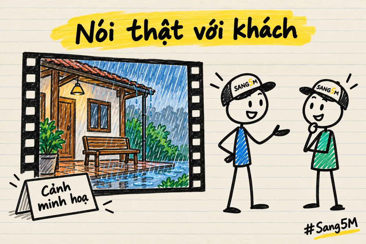 Hiên nhà nghỉ có mưa trong khung phim, tấm thẻ ghi cảnh minh hoạ, hai người que đội nón SANG5M trò chuyện bên cạnh.