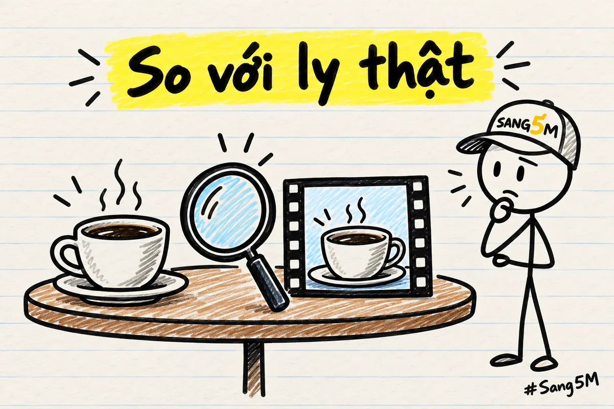 Ly cà phê thật và ly trong khung phim đặt cạnh nhau, kính lúp ở giữa, người que đội nón SANG5M đứng nhìn bên phải.