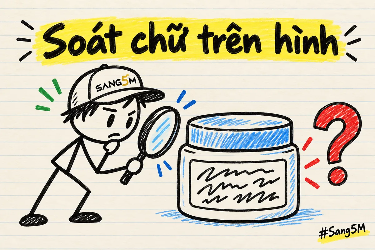 Hộp kem có chữ trên nhãn bị méo, dấu hỏi to bên cạnh, người que đội nón SANG5M cầm kính lúp xem kỹ.