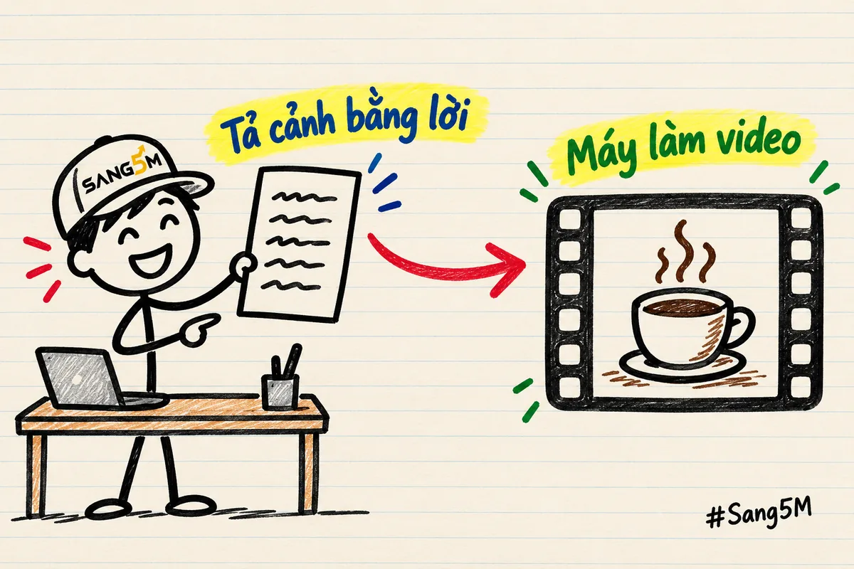 Người que đội nón SANG5M sau bàn làm việc có máy tính, cầm tờ giấy lời tả, mũi tên chỉ sang khung phim ly cà phê bốc khói.