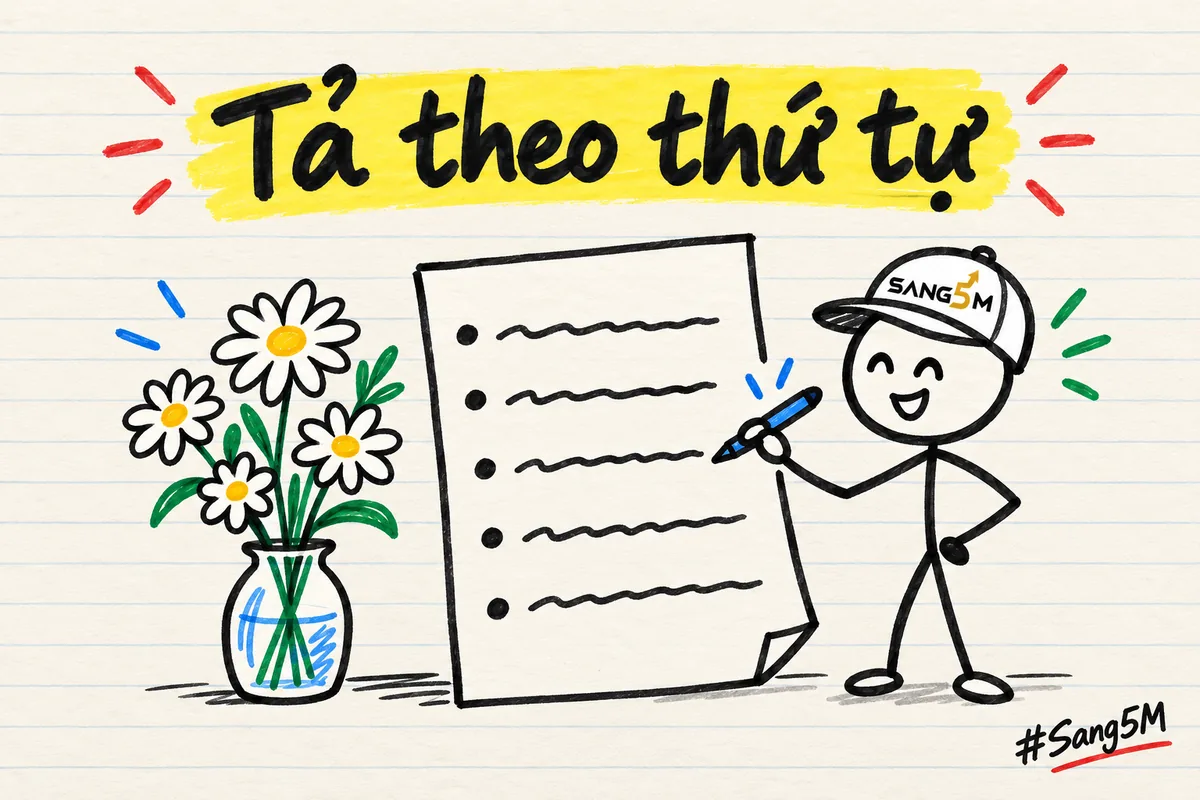 Tờ giấy năm dòng gạch đầu dòng viết tay, bó hoa cúc trắng bên cạnh, người que đội nón SANG5M cầm bút viết.