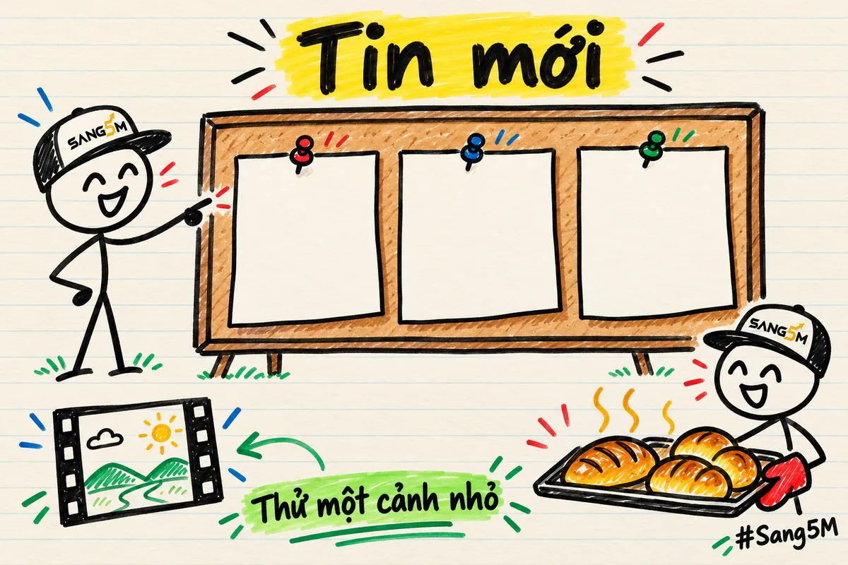 Bảng tin vẽ tay ba mẩu giấy ghim, hai người que đội nón SANG5M, một người chỉ vào bảng, một người bưng khay bánh mới ra lò.