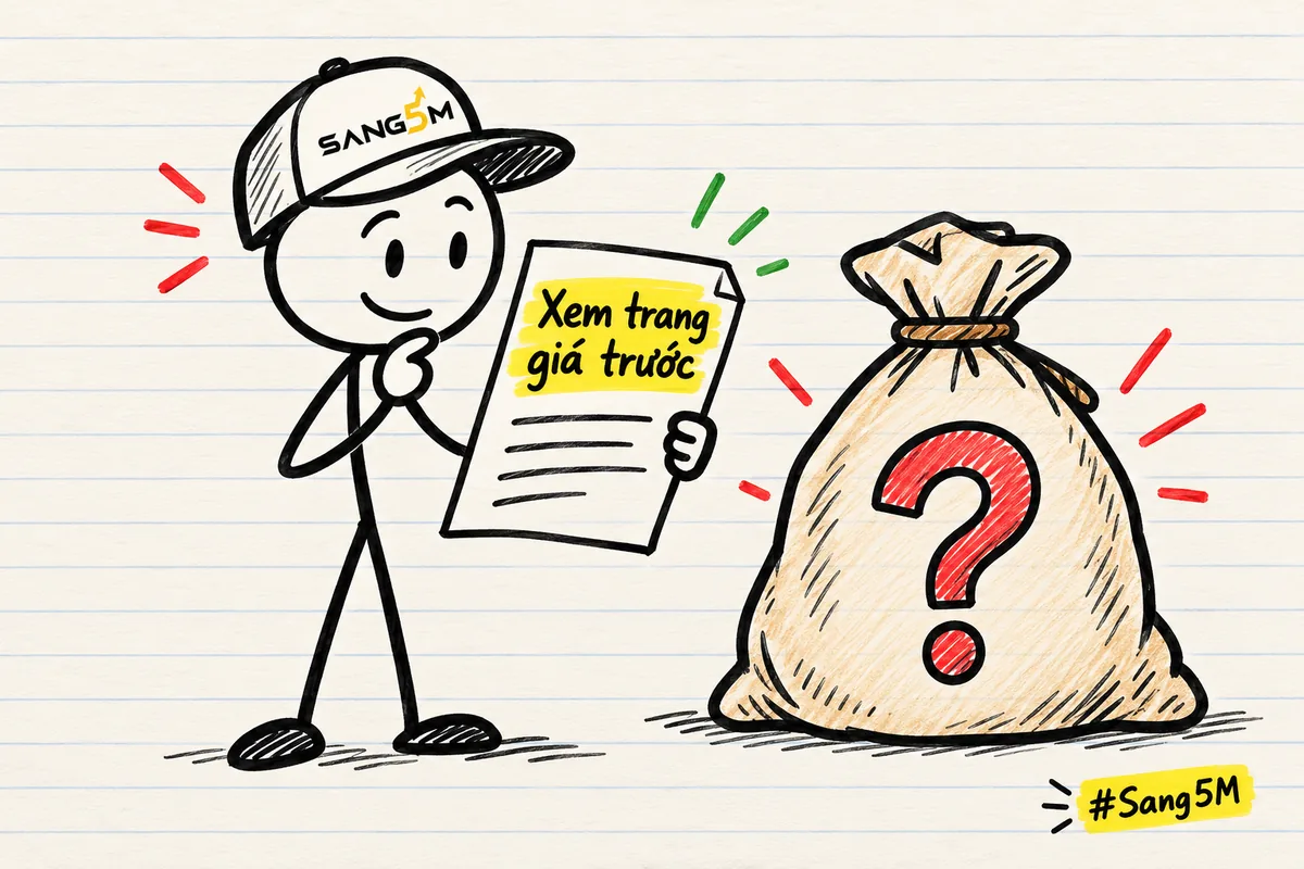 Túi tiền vẽ tay có dấu hỏi cạnh tờ giấy ghi xem trang giá, người que đội nón SANG5M đang đọc tờ giấy.