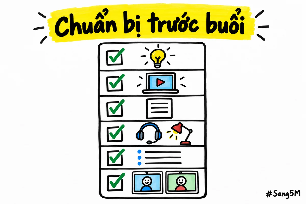 Sáu thứ cần có trước buổi webinar: chủ đề, công cụ phát, phiếu đăng ký, thiết bị, dàn ý và buổi chạy thử.