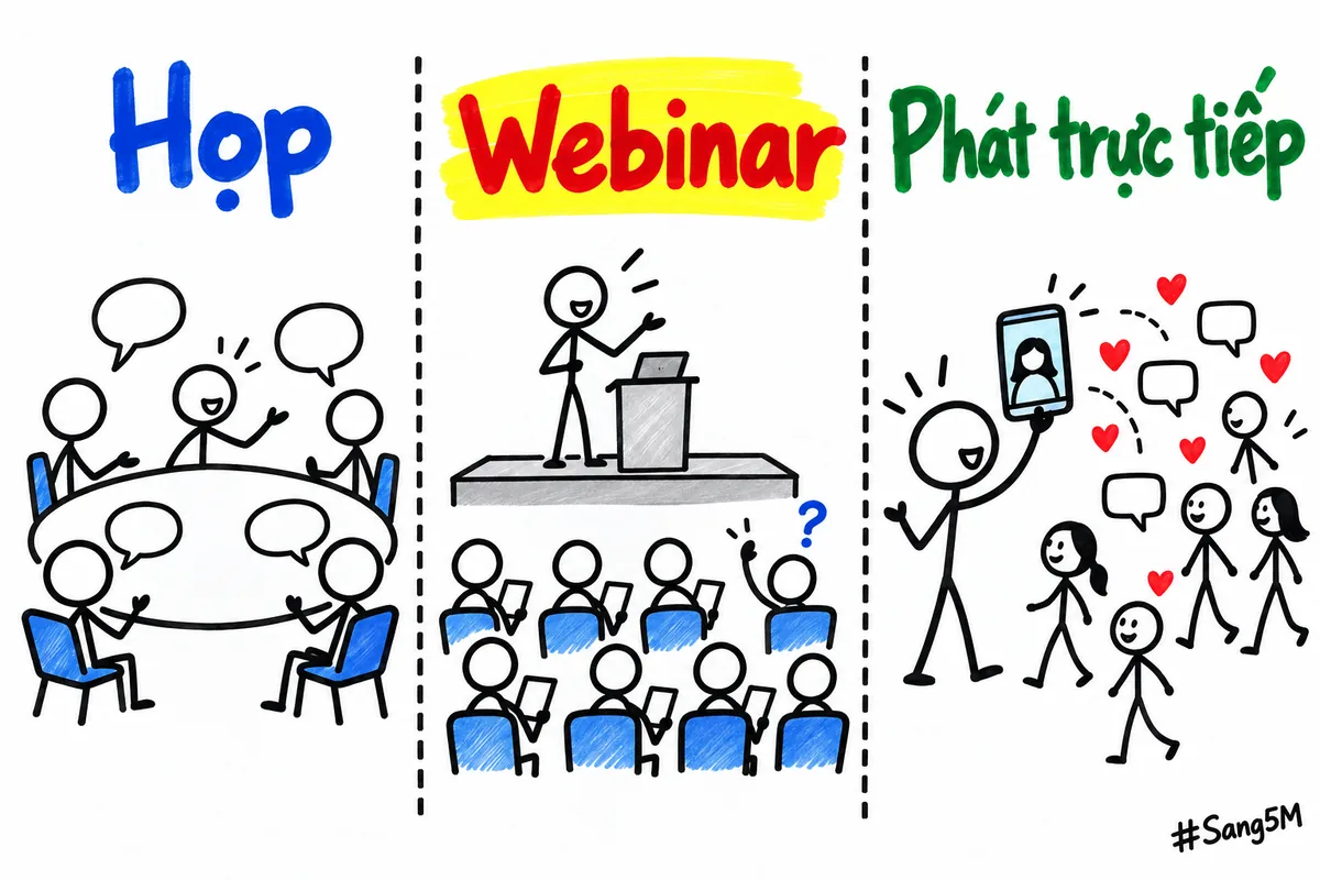 Ba cột so sánh buổi họp, webinar và phát trực tiếp theo người nói nhiều và cách người xem tham gia.