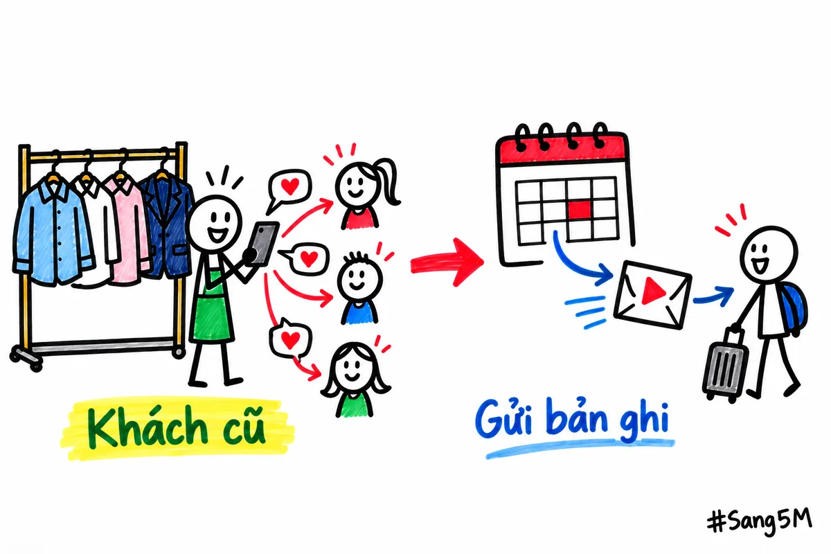 Cửa hàng thời trang công sở nhắn mời khách cũ dự buổi phối đồ, rồi gửi bản ghi cho người vắng mặt.
