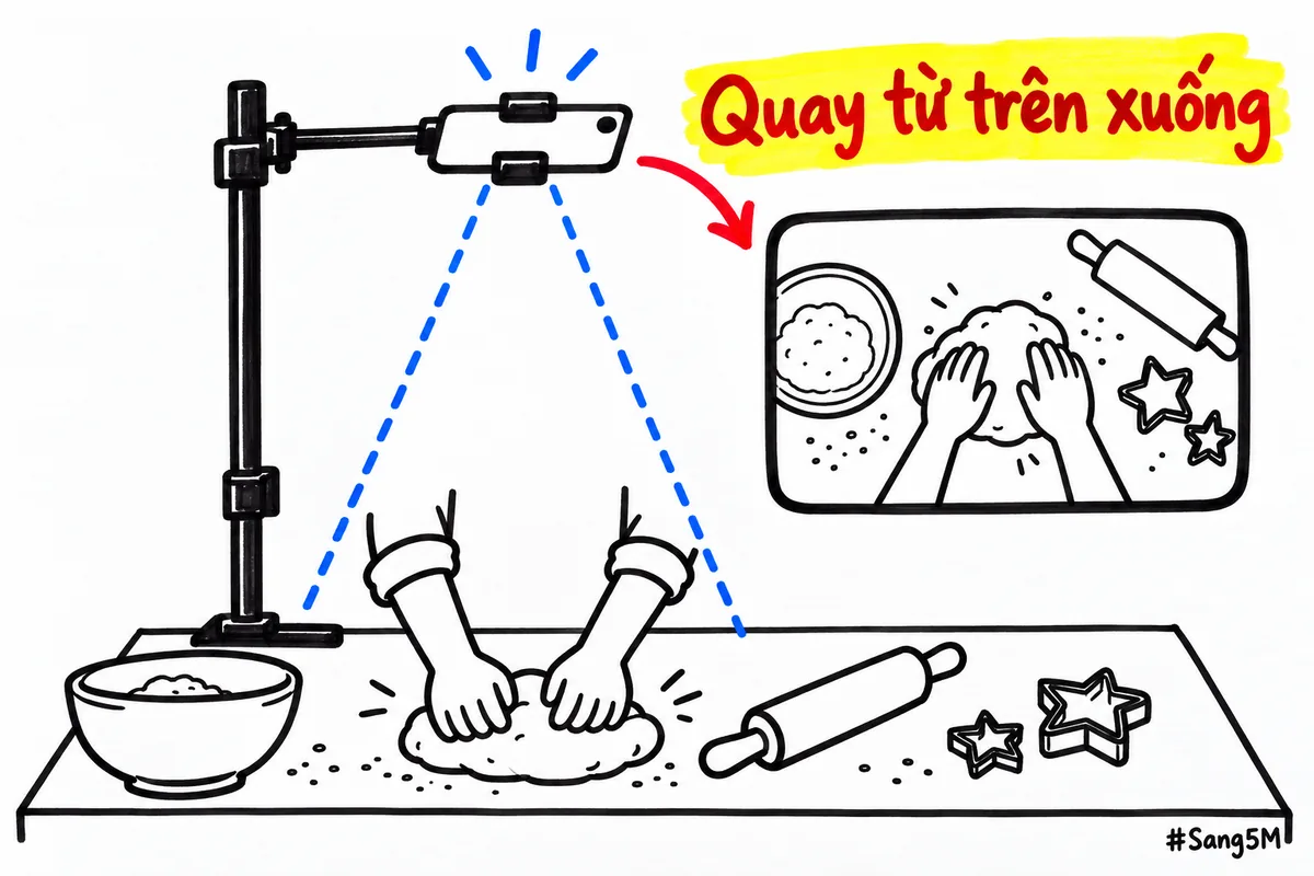 Tiệm bánh đặt điện thoại trên giá đỡ, quay từ trên xuống mặt bàn để người xem thấy tay nhào bột.