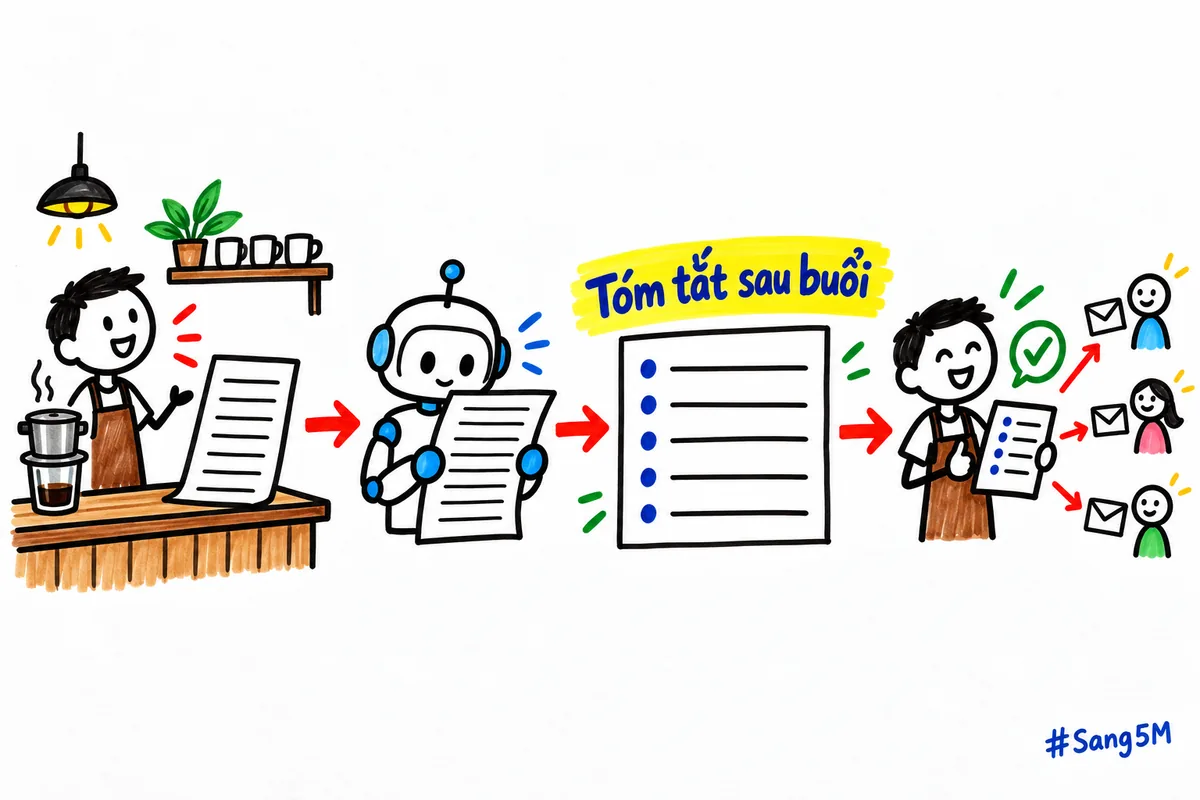 Quán cà phê dán bản ghi lời nói thành chữ vào trợ lý AI, nhận bản tóm tắt ý chính rồi đọc lại trước khi gửi.