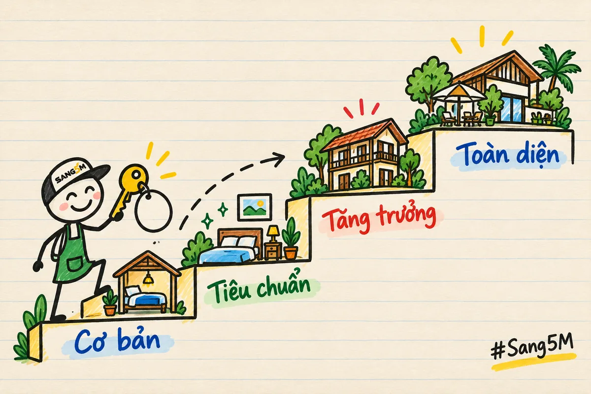 Bốn bậc thang Cơ bản, Tiêu chuẩn, Tăng trưởng, Toàn diện, nhà nghỉ to dần theo bậc; chủ nhà cầm chìa khoá ở bậc thấp nhất.