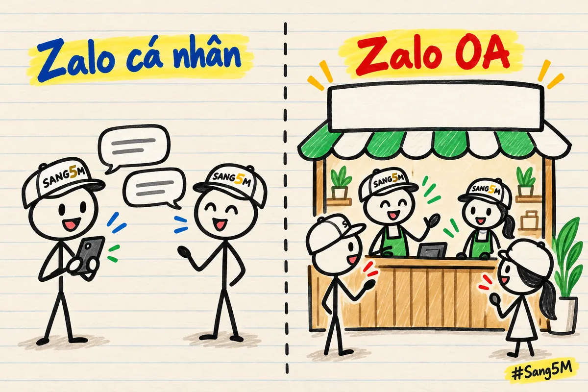 Bên trái, hai người nhắn tin riêng qua điện thoại; bên phải là quầy tiệm mái xanh có hai người bán đang tiếp khách.