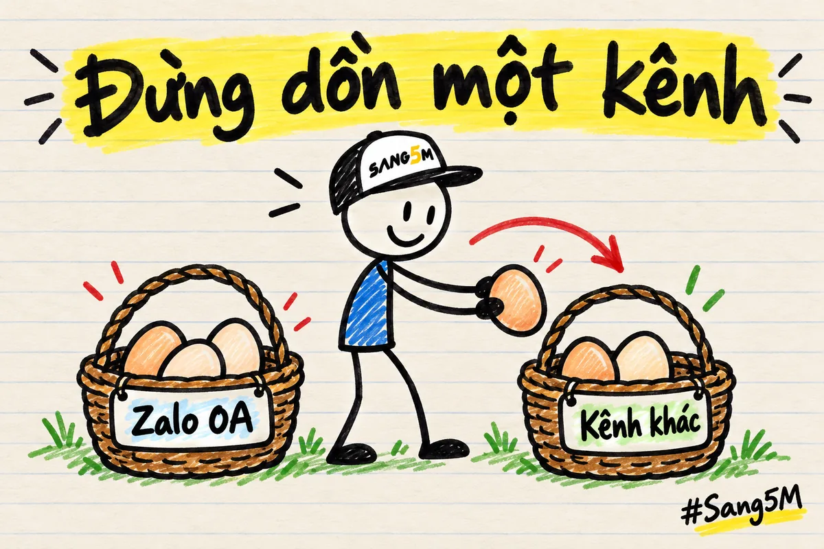 Hai giỏ trứng ghi Zalo OA và Kênh khác, người đội nón cầm một quả trứng đặt sang giỏ Kênh khác.