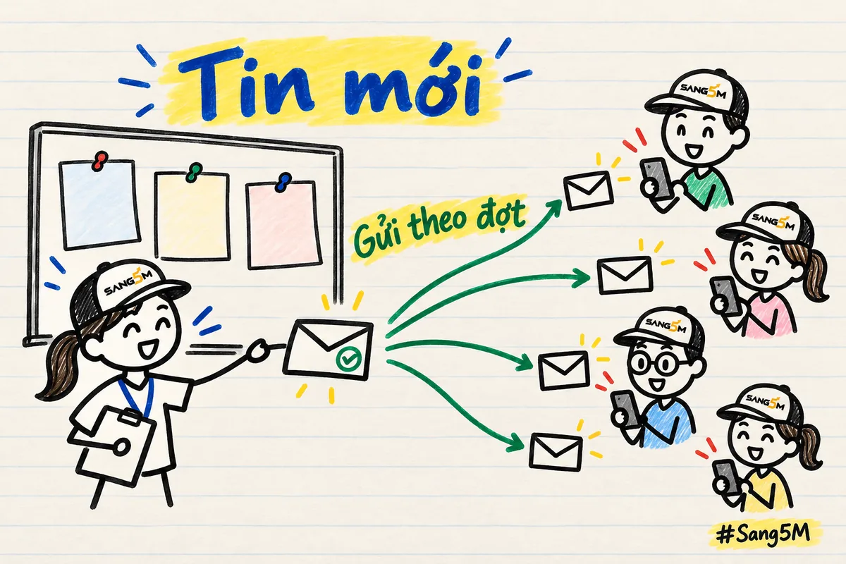 Cô giáo đứng cạnh bảng ghim giấy, gửi một phong thư có dấu tích xanh, mũi tên toả ra bốn phong thư tới điện thoại bốn người.