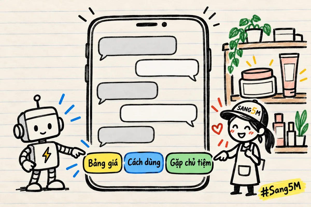 Điện thoại có khung chat và ba nút Bảng giá, Cách dùng, Gặp chủ tiệm; robot và chủ tiệm mỹ phẩm cùng chỉ vào các nút.