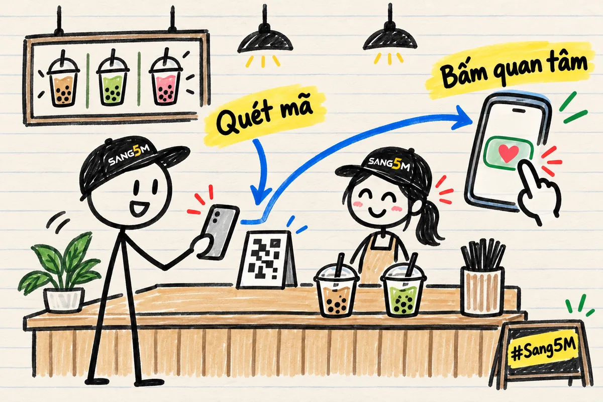 Ở quầy trà sữa, khách giơ điện thoại quét tấm mã đặt trên quầy, rồi ngón tay bấm nút trái tim trên màn hình.